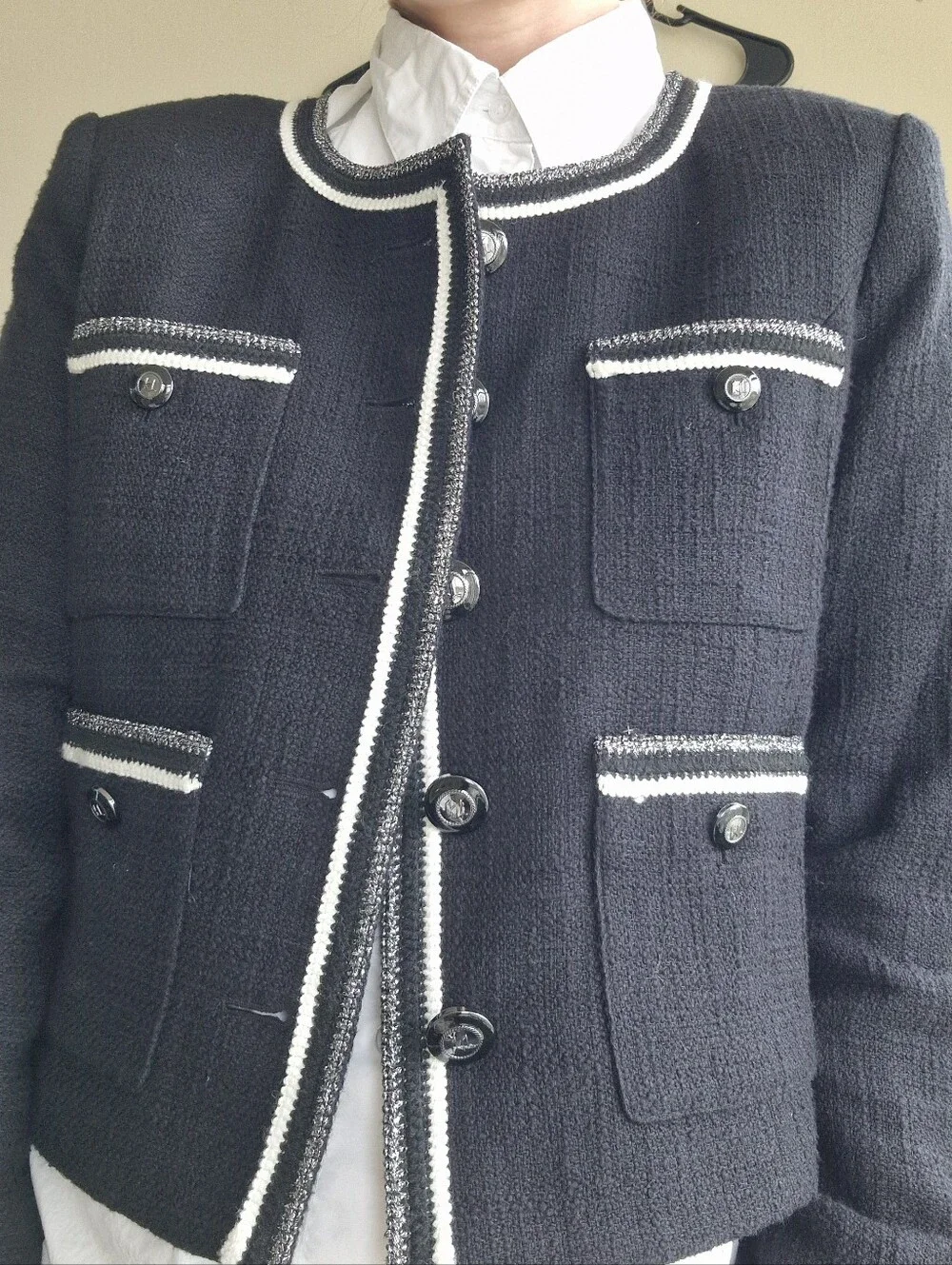 Karl Lagerfeld Black Tweed Boxy Jacket with White Trim - Picture 5 of 5